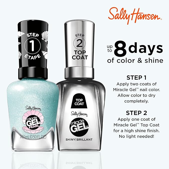Sally Hansen Miracle Gel Pearls Salon Quality Nail Polish | Gel-Like Formula, Two-Step System, No UV Light Needed, Long Lasting |Semi Opaque, Shimmery | 903 Seas The Day | Blue Nail Polish