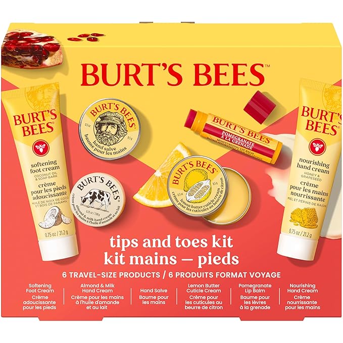 Burt's Bees Valentine's Day Gifts Ideas, Tips and Toes Kit, 6 Travel Size Products - Pomegranate Moisturizing Lip Balm, 2 Hand Creams, Foot Cream, Cuticle Cream, and Hand Salve