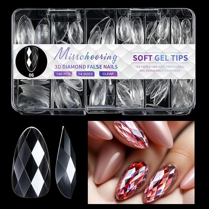 3D Diamond Shaped Polygel Nail, Extension Clear Full Cover False Nail Tips, Hybrid Gel Acrylic Nail, Diamond Fake Nails, 14 Sizes Building Artificial Press on Nail (style 6, 140pcs)
