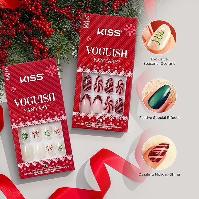KISS Voguish Fantasy Holiday Press On Nails, ‘Snow Pops’, Multicolor, Short Squoval, No Damage To Natural Nails, Pink Gel Nail Glue (2g), Mini Nail File, Manicure Stick, & 28 Fake Nails