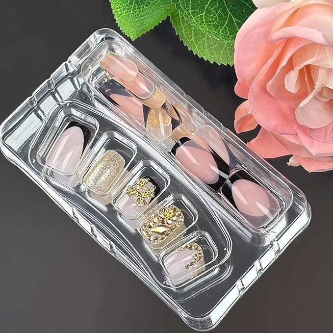 24Pcs Bow Charms Bling Press on Nails Short Black Gold Fake Nails Square Glue on Nails French Tip Rhinestone Luxury False Nails Gold 3D Bow Acrylic Nail Black French Tips Stick on Nail Kit for Women