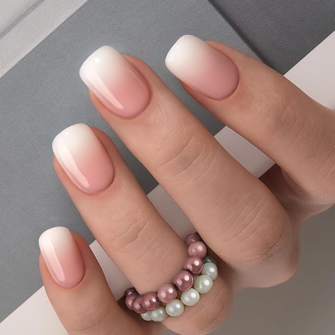 Curvlife Nude Ombre Press On Nails Short – 30PCS Short Square Soft Gel Fake Nails, Natural Gradient Glue On Nails Kit for Women, Easy At-Home Salon Manicure (Nude White)