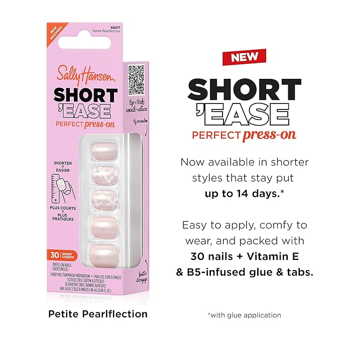 Sally Hansen Salon Effects Perfect Press-On Short'Ease Nails | Square Shape | Easy to Apply, Non-Damaging, Natural Look Vitamin E & B5 | 30 Nails, Nail Glue, Adhesive Tabs, File| Petite Pearlflection