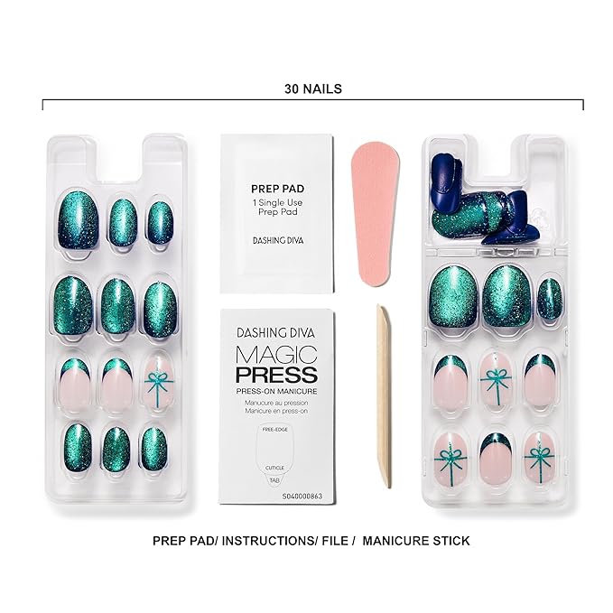 Dashing Diva Magic Press Magnetic Nail Set - Bow Down - Medium Almond Press Ons - Long Lasting Gel - Lasts Up to 10 Days - Gel Set - 4-Piece Manicure Kit with 30 Nails