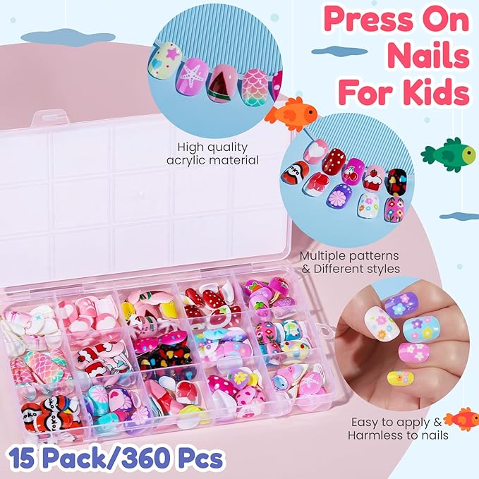 Teenitor 360 Pcs Kids Press On Nails, 15 Styles 12 Sizes Press On Nails for Kids Girls 8-15 Years, Fake Acrylic Kids Nails with Nail Adhesive Tabs, Nail File Nail Buffer