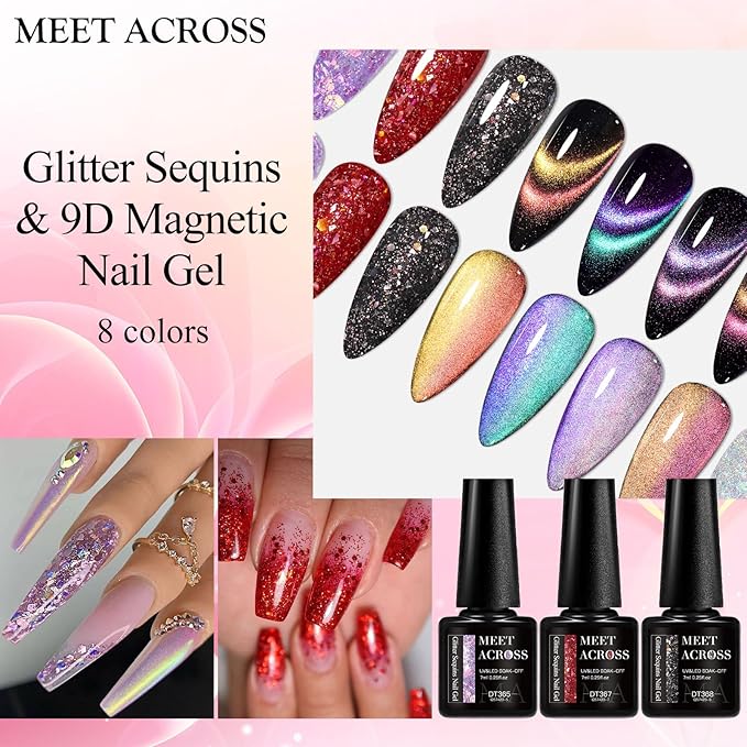 MEET ACROSS 8pcs Gel Nail Polish Set, Soak off UV LED Lamp Gel Nail Polish Cat Eye Set Home Gel Manicure Kit 7ml (Starburst Glitter + 9D Cat Eye Gel)