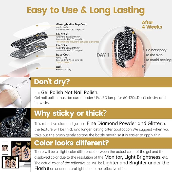 YTD Likomey Reflective Glitter Gel Nail Polish,15ml Black Flash Diamond Shimmer Nails Gel,Dark Blue Tone Black Sparkly Shiny Salon Home Fall Winter Manicure UV Color Varnish,SZ010