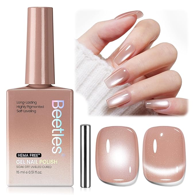 Beetles Silk Serum Nude Cat Eye Gel Nail Polish - 15ML Nude Gel Polish Cat Eye Base Color Glitter Magnetic Translucent Glassy Effect Soak Off UV French Nail Art DIY Manicure Gift for Women