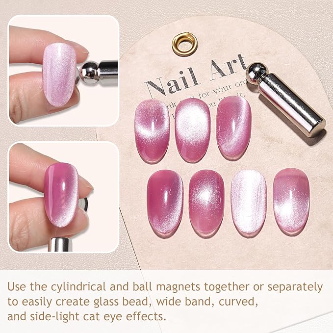 Nail Magnets for Cat Eye Gel Polish, Ball & Cylindrical Magnets with French Tip Metal Plate and Ring Plate for Halo, Glass Bead & French Cat Eye Effects, Manicure Magnetic Tool Kit