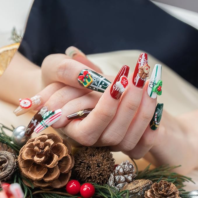 Sun&Beam Nails Handmade Press-on Long Coffin Ballerina Red Green White Brown Christmas 3D Sweet Design Fashion False Nail Tips 10 Pcs Set (#195 S)