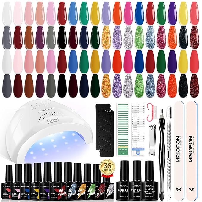 Morovan Gel Nail Polish Kit with UV Light: 36 Colors Gel Nail Polish Set with Pure Gillter Gel Polish Soak Off Gel Nail Kit Contain Base & Top Coat Nail Polish Starter Kit