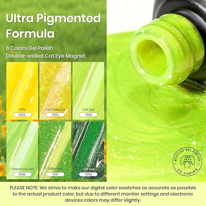 Beetles Green Gel Nail Polish Set - 6 Colors Cat Eye Sparkle Glitter Yellow Flash Lime Starter Kit with Magnet UV LED Needed Spring Summer St Patricks Gifts for Women DIY at Home Salon