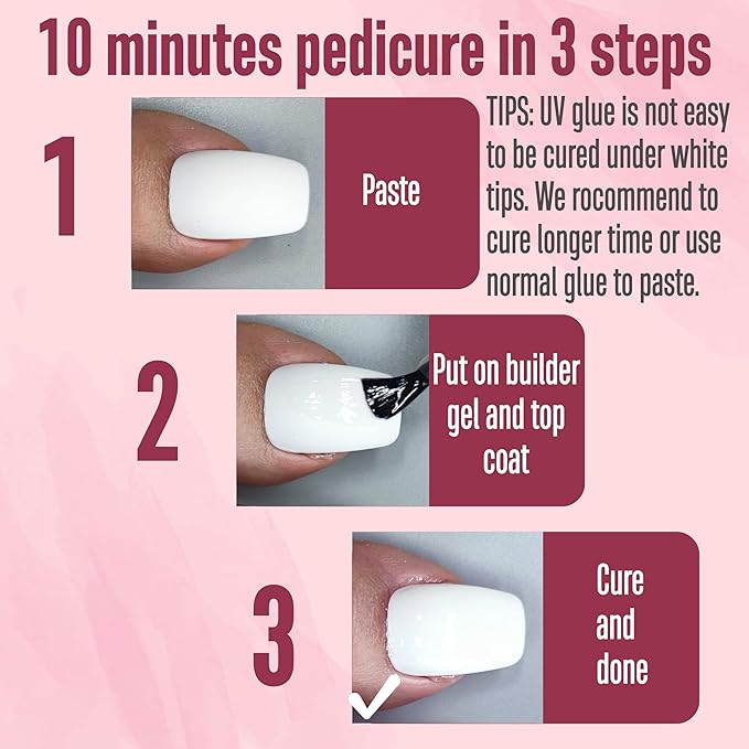 NOVO OVO Fake Toe Nail Tips Press on, Soft Gel Toenail Extension, PURE WHITE LONG Tapered Square Pre-applied Tip Primer & Base Coat, Full Cover Pre-etched False Nails for DIY x 12 Sizes 240Pcs