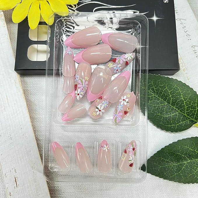 Flowers Press on Nails Medium Almond Fake Nails with Multicolor Floral Strawberry Designs Pink French Tip False Nail Glossy Full Cover Spring Summer Stick on Nail for Women 24Pcs