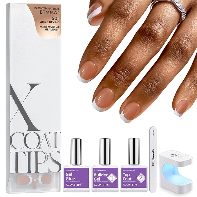 BTArtboxnails French Gel Nail Kit - French Tip Press on Nails Brown Extra Short Square XCOATTIPS Fake Nails for Nail Art DIY