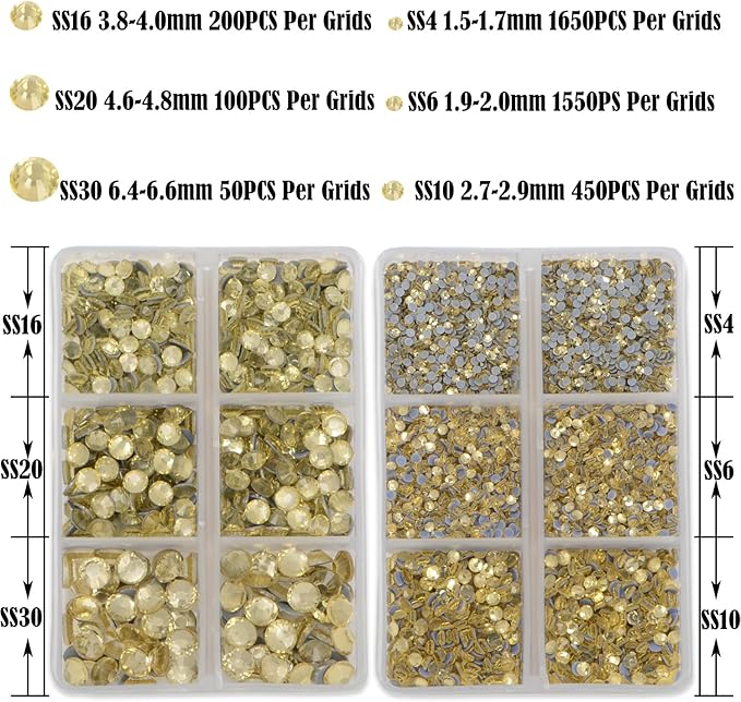 NCB Hotfix Iron on 8000pcs Crystal Rhinestones Round Gem for Crafts Decoration DIY Jewelry Making with a Tweezers and 2 Picking pens (Light Yellow, 6Sizes SS4-SS30)