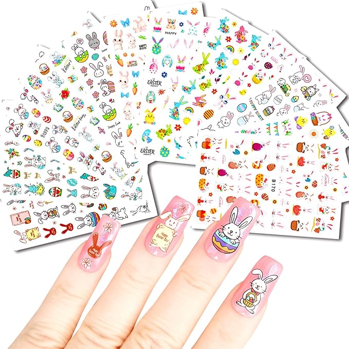 Easter Bunny Nail Art Stickers Decals 3D Self-Adhesive Nail Art Accessories Cartoons Rabbit Animal Flower Designs Sticker Lovely Rabbit Manicure DIY Nail Decorations 12 Sheets