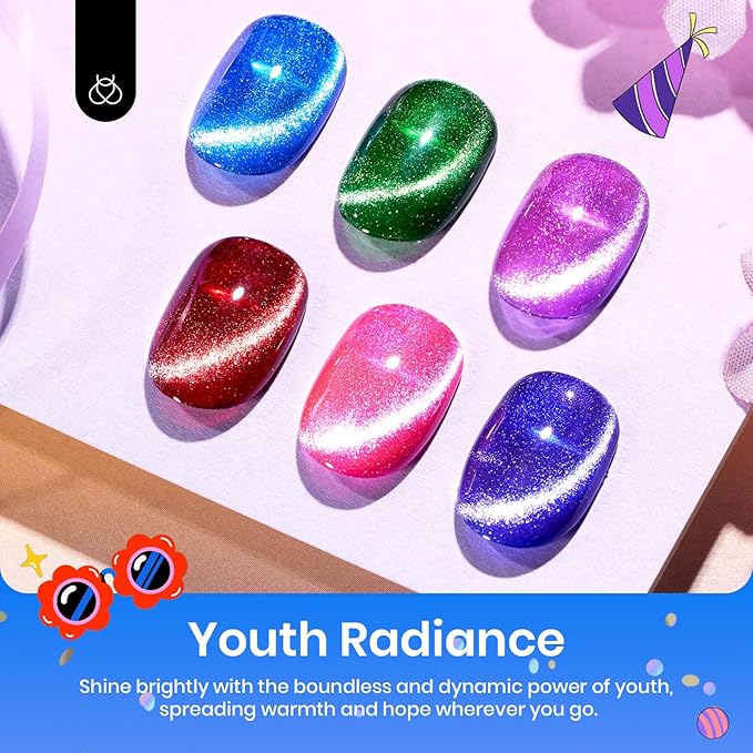 Beetles Cat Eye Gel Nail Polish, 6 Colors Cat Eye Glitter Gel Polish Set Neon Red Pink Purple Blue Green with Magnet Velvet Gel Kit Soak Off UV French Nail Art Manicure Spring Gift for Women