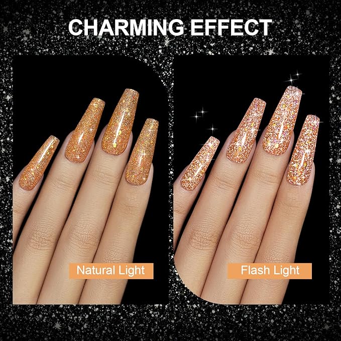RARJSM Reflective Glitter Gel Polish Orange Sparkling Glitter Iridescent Shimmer Gel Polish Sparkle Glitters Gel Holographic Gelpolish Soak off Nail Art Manicure for Salon DIY at Home