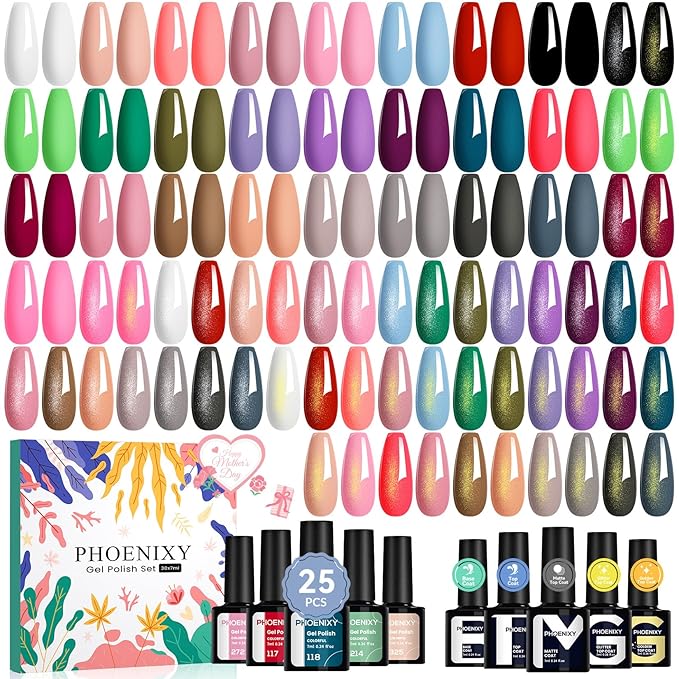 Phoenixy 30Pcs Gel Nail Polish Set, 25 Colors All Seasons Gel Polish with 5Pcs Base and Glossy Matte Gold Sliver Glitter Top Coat Black White Pink Blue Purple Valentine Nail Polish Set Gifts for Women