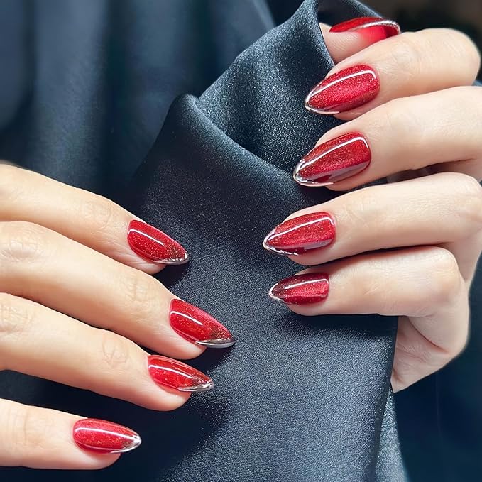 Press On Nails Short Almond Cat Eye Red with Silver Glitter French Tip | Reusable Soft Gel Nails in 12 Sizes-24 Nail Kit with Glue | Designed in L.A, Handmade in Vietnam | Ruby Grace