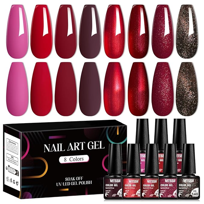 MTSSII Red Gel Nail Polish Set - 8 Colors Bloody Mary Collection Popular Shimmer Red Burgundy Gel Polish Kit Nail Art Design DIY Salon Home Gifts