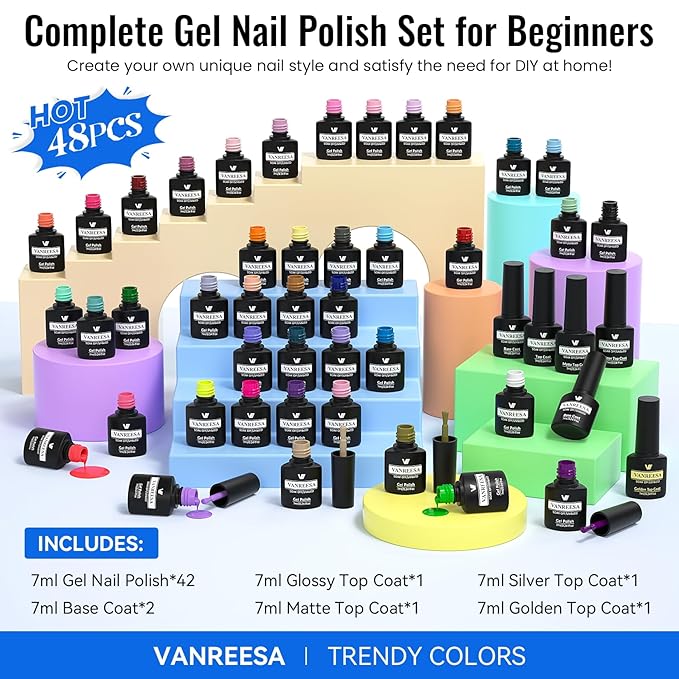 VANREESA 48 Pcs Gel Nail Polish Set 42 Colors Spring Summer Fall Winter Gel Polish with 2 Pcs Base Coat & 4 Effects Top Coat Nail Kit Gifts for Women Girls Nail Art Salon at Home