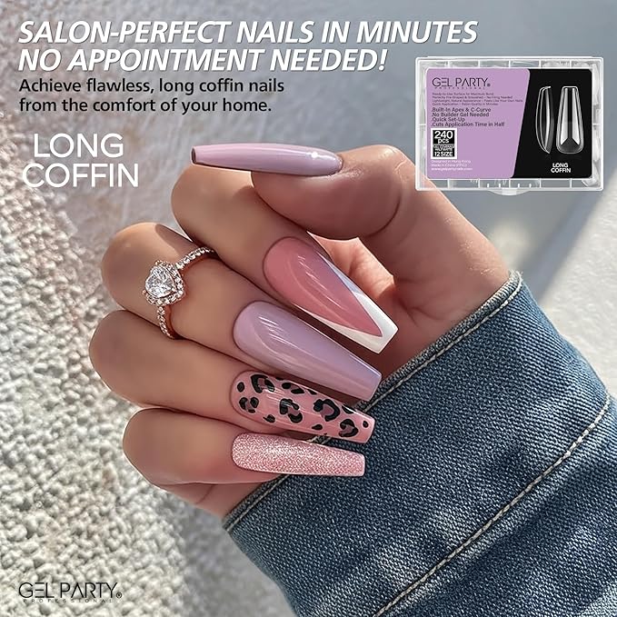 GELPARTY Soft Gel Nail Tips Long Coffin - 240Pcs Pre-Buffed Matte Full Cover Tips - No Filing Needed, Soak Off Gel Extension System - Clear Ballerina False Nails (12 Sizes)