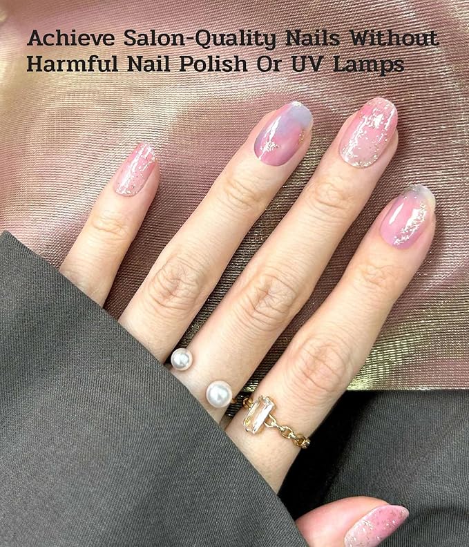 Nail Polish Strips (No UV Lamp Needed) - 22 Pcs Salon Quality Gel Nail Stickers - Long Lasting Wraps (Iridescent Jellfish Pink&Blue)