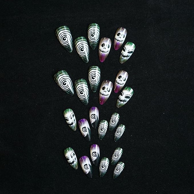 24 Pcs Halloween Almond Press on Nails, Glossy Fake Nails with Funny Skull & Swirl Design, Full Cover False Nails, Acrylic Stick on Nails for Women Girls Nail Art Manicure Decor