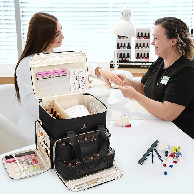 Relavel Nail Polish Organizer, Double Layer Nail Bag Holds 80-100 Bottles (15ml/0.5fl.oz) & Nail Lamp Nail Kit Storage Case, Extra Large Travel Nail Supplies Shoulder Bag for Manicure Tools (Black)