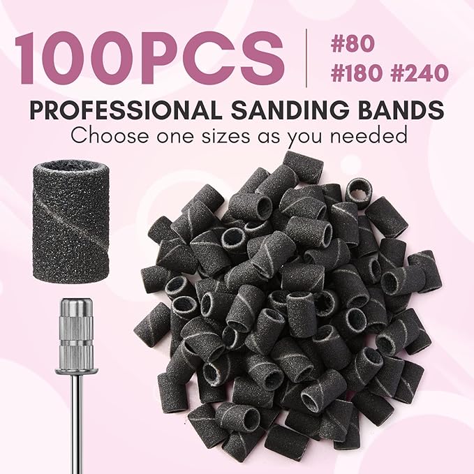 Makartt Sanding Bands for Nail Drill - 100 Pcs #240 Fine Grits Nail File Sanding Bands For Drill Bits, Nail Prep Smooth Polish, Upgrade Thicker Durable Sanding Drill Bit For Acrylic Nails Gel, Black