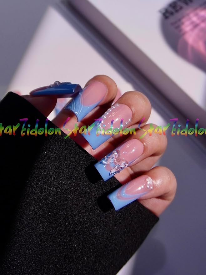 HAND-PAINTED White Press Ons Neon Small Press on Nails Long French Press on Nails Coffin Medium Short Nail art Fake Nail Art Kit with 7g Glue on Nails Handmade Almond Square Nails (TJ57, Small)
