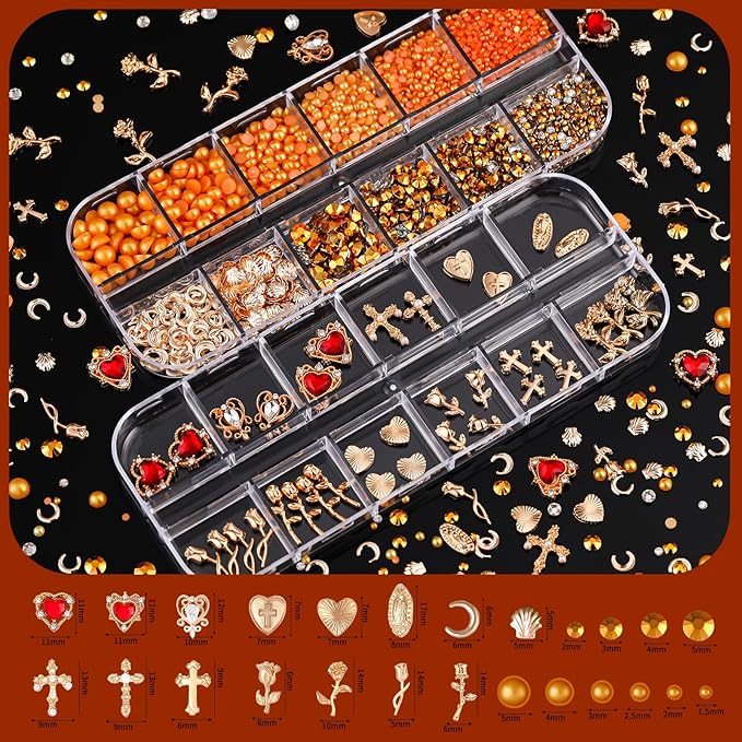 8 Boxes Nail Charms Set, with Gold Nail Charms and Gold Nail Gems, Nail Pearls Resin Rhinestones for Bedazzling &Nail Art Tools, 3D Cross Nail Charms Heart Gold Charms for Nails Art Supplies Kit