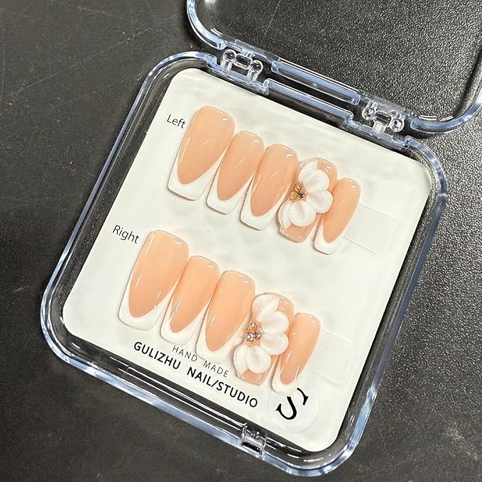 White French Tip Handmade Press on Nails Medium Square Fake Nails Muti-Layer Gel False Nails with 3D Flower Rhinestones Designs Thick Acrylic Nails Full Cover Stick on Nail for Women Nail DIY (Size S)