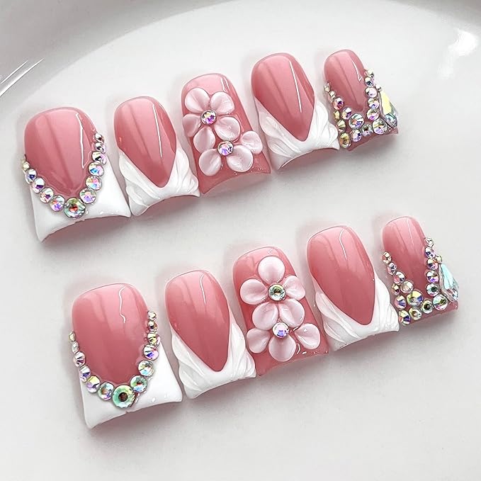 Luxury Press on Nails Short Duck Handmade 3D Unique Reusable ABS Material Fake Nails French Tip False Nails with Designs Flower Rhinestones White Glossy Glue on Nail Thick Acrylic Nail(S)
