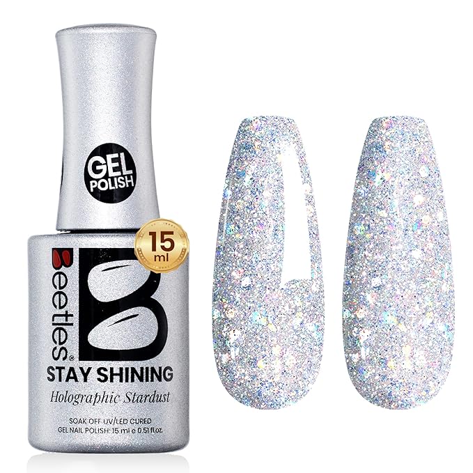 Beetles Glitter Gel Nail Polish - 15ml Stay Shining Holographic Stardust Gel Polish Diamond-Shine Silver Nail Art Uv Led Home Salon Long-Lasting Soak-Off Holographic Glitter Gel Gift for Women
