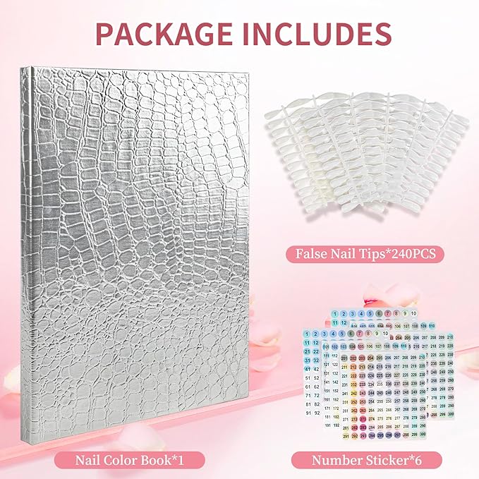 216 Nail Colors Book, Nail Display Chart Book with 240 Nail Tips & 1-300 Number Labels, Professional Nail Color Swatches Book for Nail Polish UV Gel Salon (Silver, Size 01)