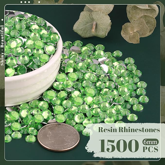 1500PCS 6mm Resin Rhinestones Bulk for Crafting (Light Green), Flatback Bedazzling Crystals for Crafts DIY Nail Decoration, Gems Charms for Tumbler Shoes Clothing Fabric with Pickup Pen and Tweezers