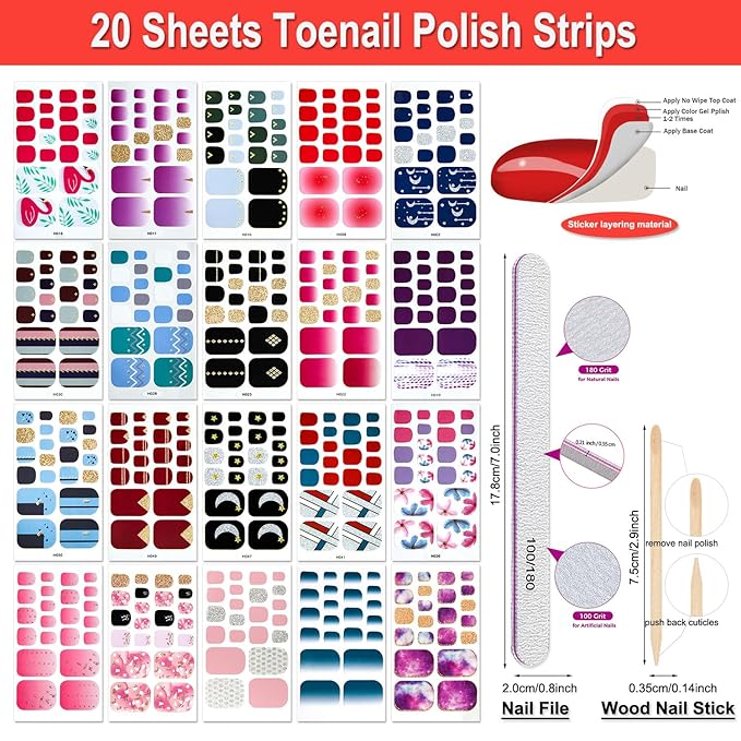 DANNEASY 20 Sheets Toe Nail Stickers Full Nail Wraps Self Adhesive Toenail Polish Strips Toes Nail Stickers Toenail Stickers Polish Manicure Sticker with Nail File, Cuticle Stick