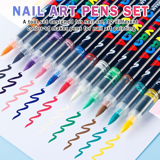 12 Colors Nail Art Pens Set, Nail Polish Pens Nail Art Drawing Markers Pen Quick Dry Waterproof Nail Art Painting Pens Kit for Home DIY Nail Art Design-Multi-colors