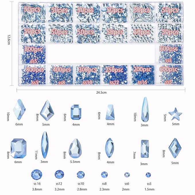 Nail Rhinestones - 4300pcs Light Blue Crystals, Multiple Shape Gems, Flat Back Rhinestones, with Kit and Glue Gel, for Nail Art Decoration