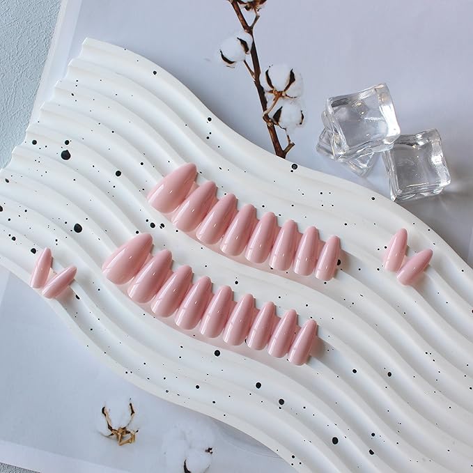 Dusty Pink Press on Nails - Almond Shape Medium Length Neutral Acrylic Reusable Fake Nails for Women Girls - Glue on Stiletto False Soft Gel Artificial Nails