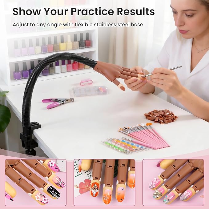 Rolybag Practice Hand for Acrylic Nails, Flexible Nail Practice Hands, Mannequin Hand for Nails Kit for Beginners, Movable Fake Hand with 200PCS Replacement Nail Tips