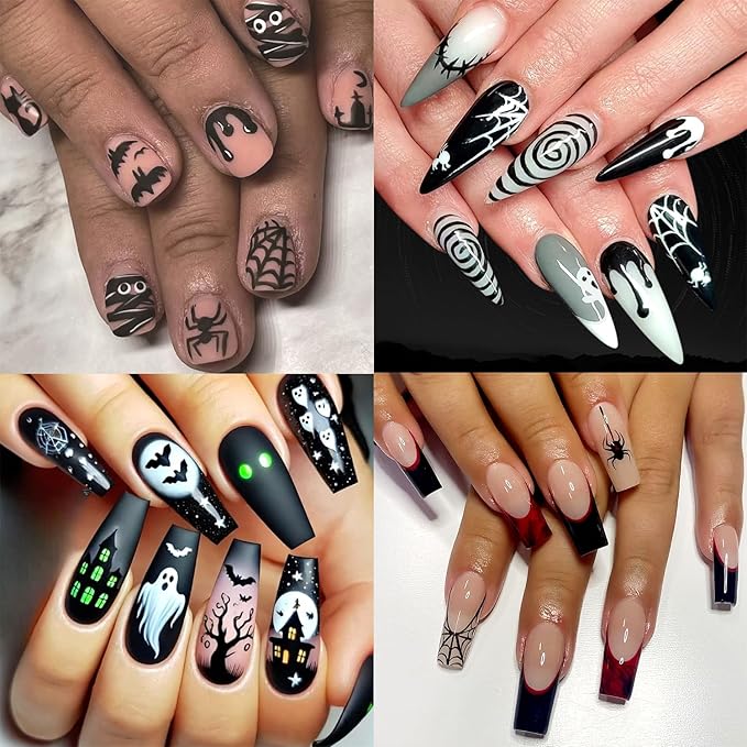 Embossed Halloween White Ghost Nail Stickers Decals Black Spider Web Bat Nail Art Sticker Decal Blood Drop Nails Sticker Self-Adhesive Spider Nails Decal for Women Halloween Decor