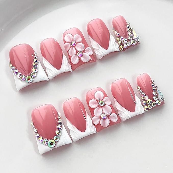 Luxury Press on Nails Short Duck Handmade 3D Unique Reusable ABS Material Fake Nails French Tip False Nails with Designs Flower Rhinestones White Glossy Glue on Nail Thick Acrylic Nail(M)