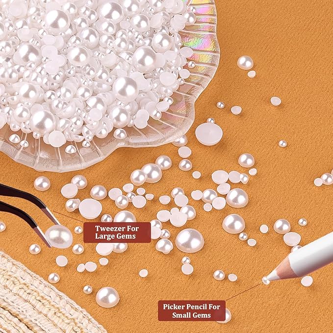 4 Boxes Flatback Pearls for Crafting, Flatback White Half Round Pearls 3-10mm with Pickup Pencil and Tweezer for Home DIY and Professional Nail Art, Face Makeup and Craft