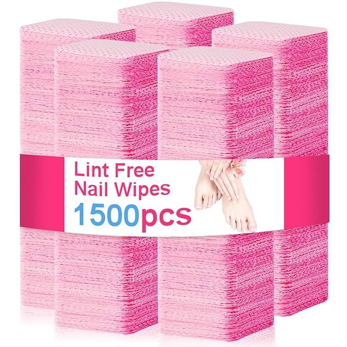 1500 PCS Lint Free Nail Wipes,Non-Woven Fabric Nail Cleaning Pads Lash Extensions Glue Cleaning Wipes,Nail Care Set (Pink)