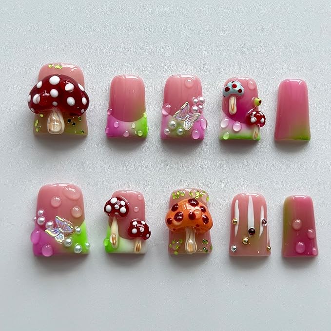 Handmade Press on Nails Short Duck 3D Unique Reusable ABS Material Fake Nails French Tip Luxury Cute False Nails with Designs Mushroom Butterfly Colorful Glossy Glue on Thick Acrylic Nails(M)