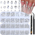 Nail Rhinestones - 3D Multi Shape Size, Flat Back, Manicure Rhinestones Charms, Crystals White Gems, with Kit, for Nail Art, Bedazzling Acrylic Nails, DIY Decor